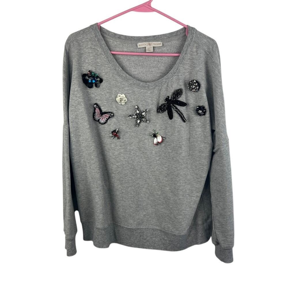 Boston Proper gray butterfly embellished pullover sweater size small